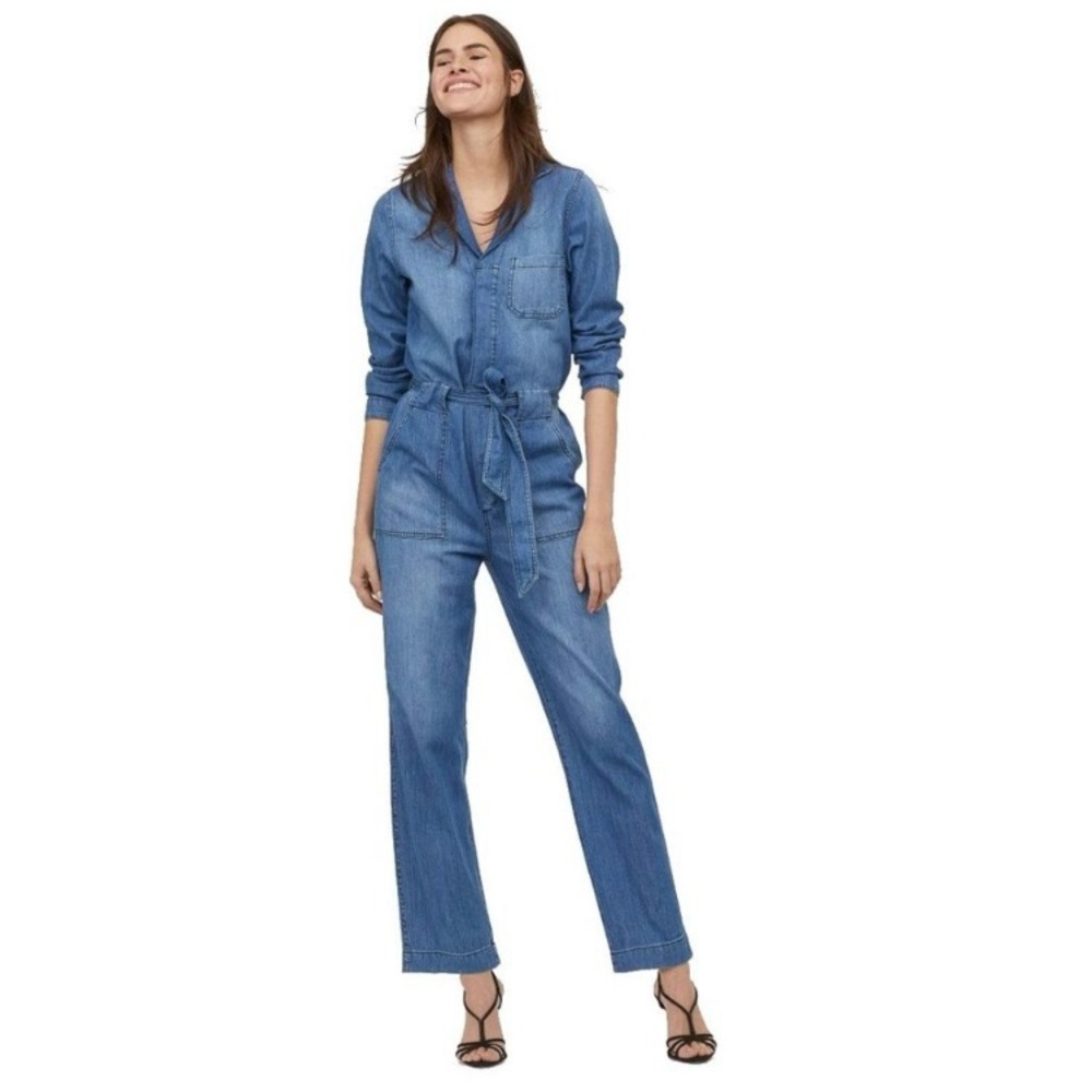 H&M &Denim Utility Boilersuit Jumpsuit Sz 2 Blue Chambray Long Sleeve Tie Belt